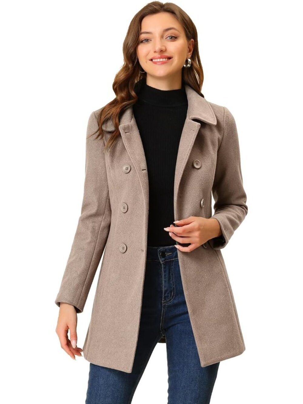 Women's Dark Beige Fully lined Peter Pan Collar Double Breasted Trench Pea Coat